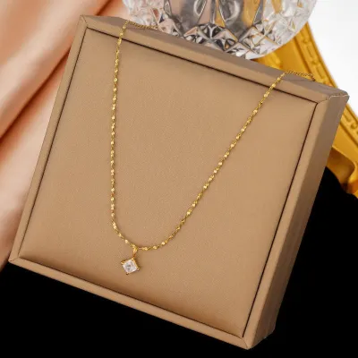 18K Gold Cube Water Drop Diamond Necklace